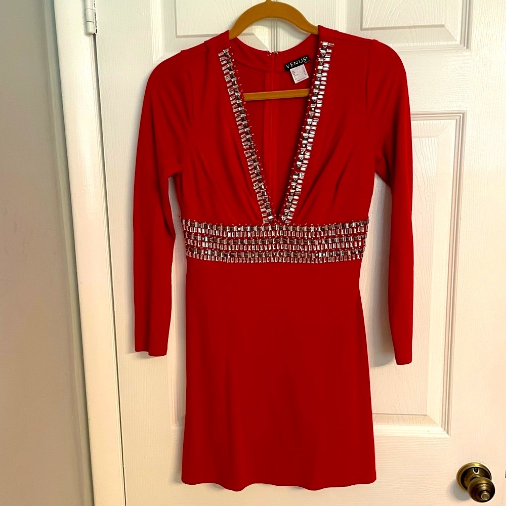 VENUS Red & beaded Embellished bling bling Long Sleeve Bodycon Mini Dress sz 4